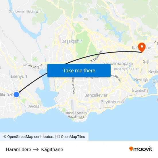Haramidere to Kagithane map