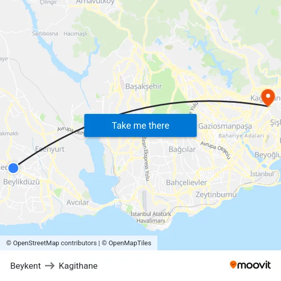 Beykent to Kagithane map