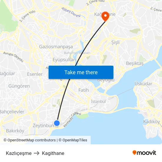 Kazlıçeşme to Kagithane map