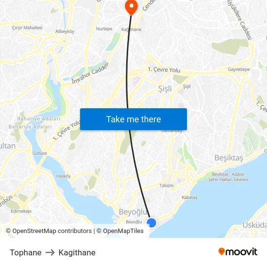Tophane to Kagithane map