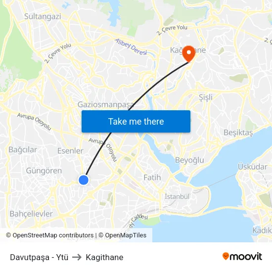 Davutpaşa - Ytü to Kagithane map