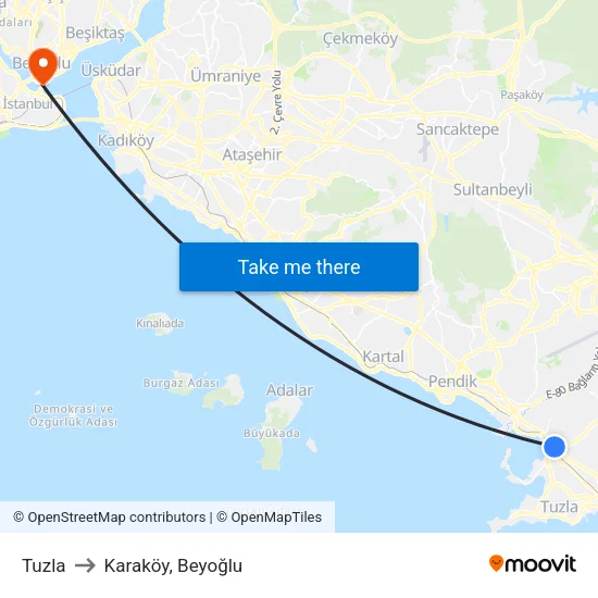 Tuzla to Karaköy, Beyoğlu map