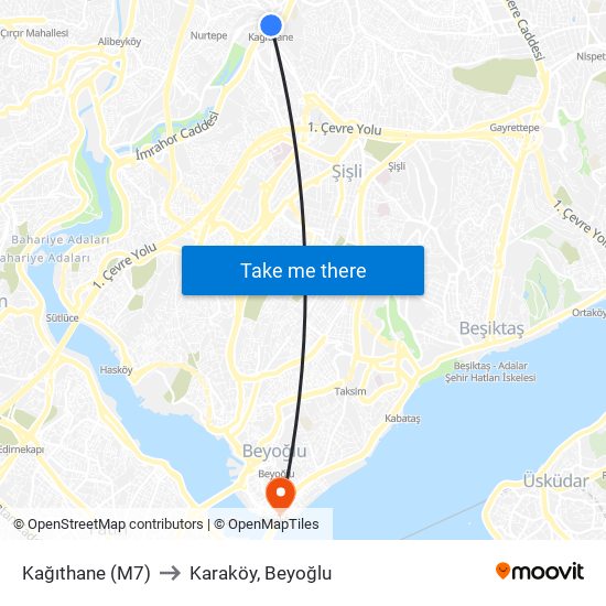 Kağıthane (M7) to Karaköy, Beyoğlu map