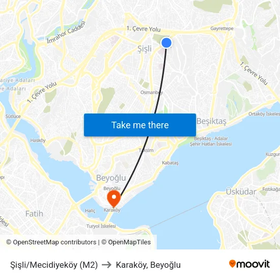 Şişli/Mecidiyeköy (M2) to Karaköy, Beyoğlu map
