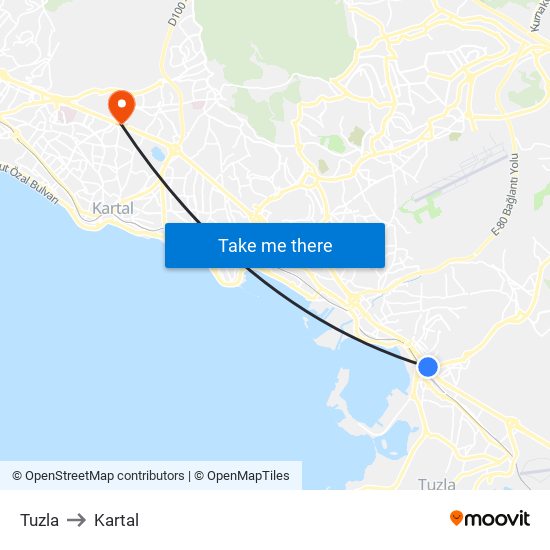 Tuzla to Kartal map