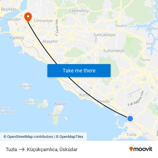 Tuzla to Küçükçamlıca, Üsküdar map