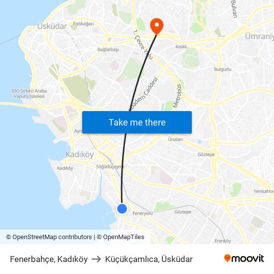 Fenerbahçe, Kadıköy to Küçükçamlıca, Üsküdar map