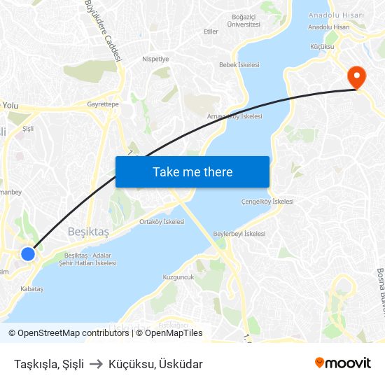 Taşkışla, Şişli to Küçüksu, Üsküdar map