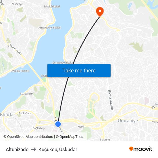 Altunizade to Küçüksu, Üsküdar map