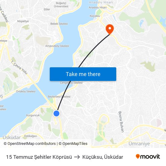 15 Temmuz Şehitler Köprüsü to Küçüksu, Üsküdar map