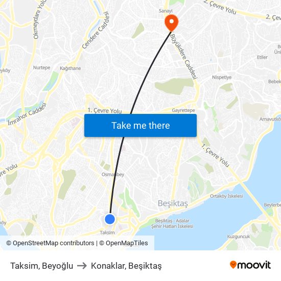 Taksim, Beyoğlu to Konaklar, Beşiktaş map