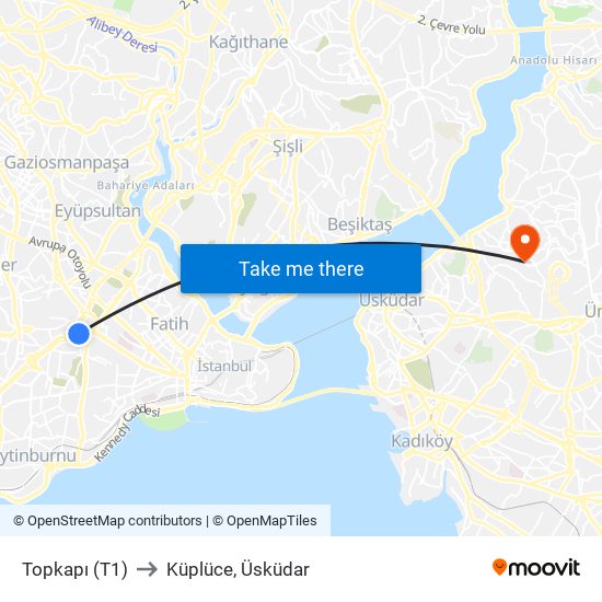 Topkapı (T1) to Küplüce, Üsküdar map