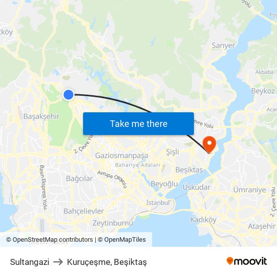 Sultangazi to Kuruçeşme, Beşiktaş map
