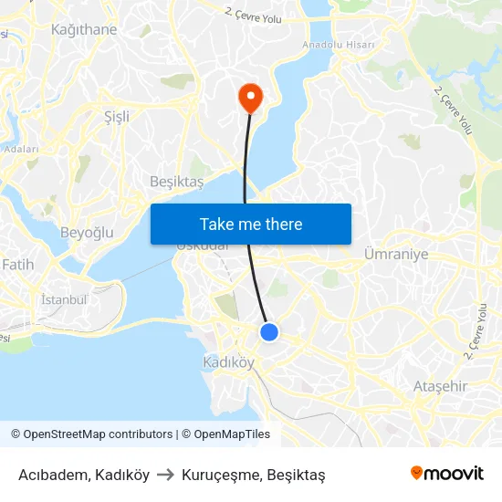 Acıbadem, Kadıköy to Kuruçeşme, Beşiktaş map