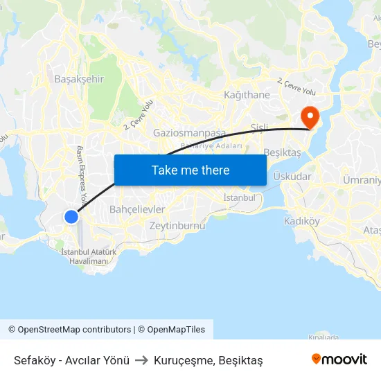 Sefaköy - Avcılar Yönü to Kuruçeşme, Beşiktaş map