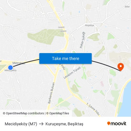 Mecidiyeköy (M7) to Kuruçeşme, Beşiktaş map