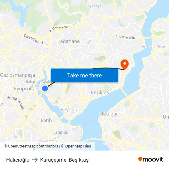 Halıcıoğlu to Kuruçeşme, Beşiktaş map