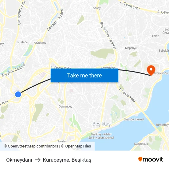 Okmeydanı to Kuruçeşme, Beşiktaş map