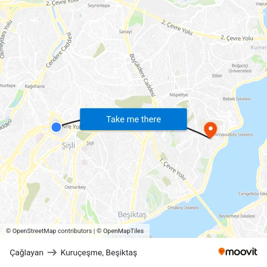 Çağlayan to Kuruçeşme, Beşiktaş map