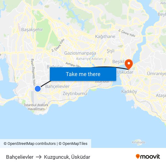 Bahçelievler to Kuzguncuk, Üsküdar map