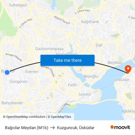 Bağcılar Meydan (M1b) to Kuzguncuk, Üsküdar map