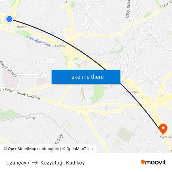 Uzunçayır to Kozyatağı, Kadıköy map