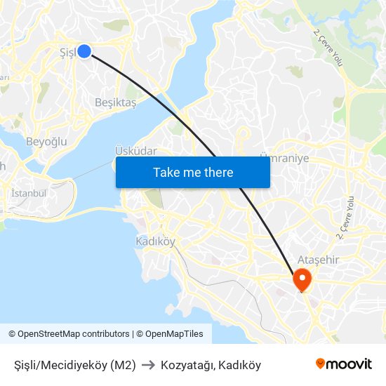 Şişli/Mecidiyeköy (M2) to Kozyatağı, Kadıköy map