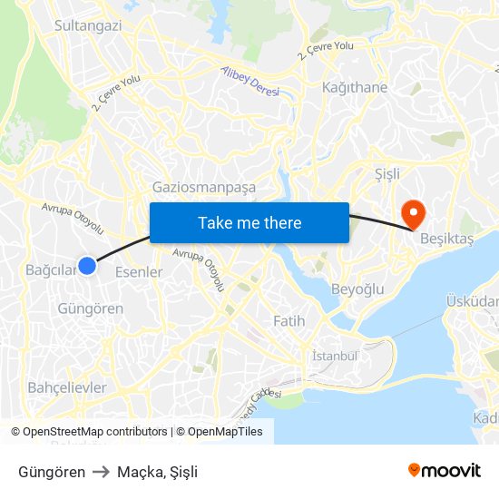 Güngören to Maçka, Şişli map