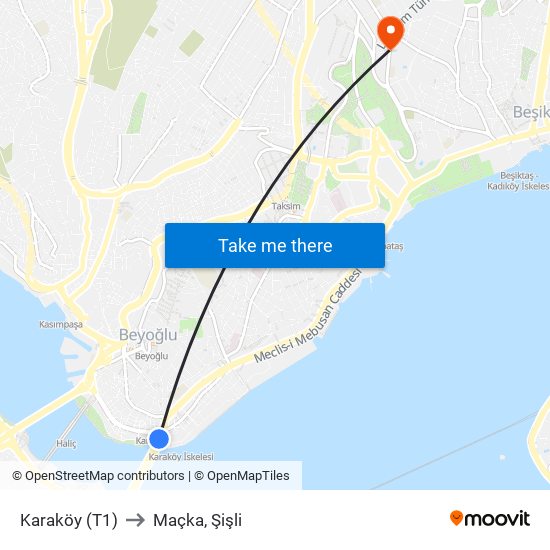 Karaköy (T1) to Maçka, Şişli map