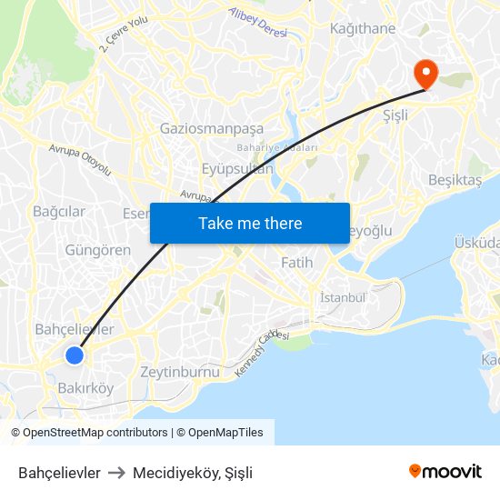 Bahçelievler to Mecidiyeköy, Şişli map