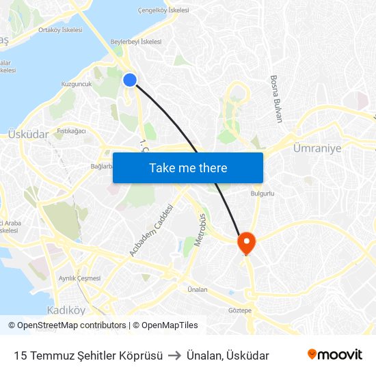 15 Temmuz Şehitler Köprüsü to Ünalan, Üsküdar map