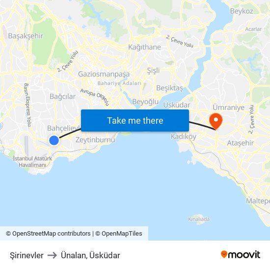 Şirinevler to Ünalan, Üsküdar map