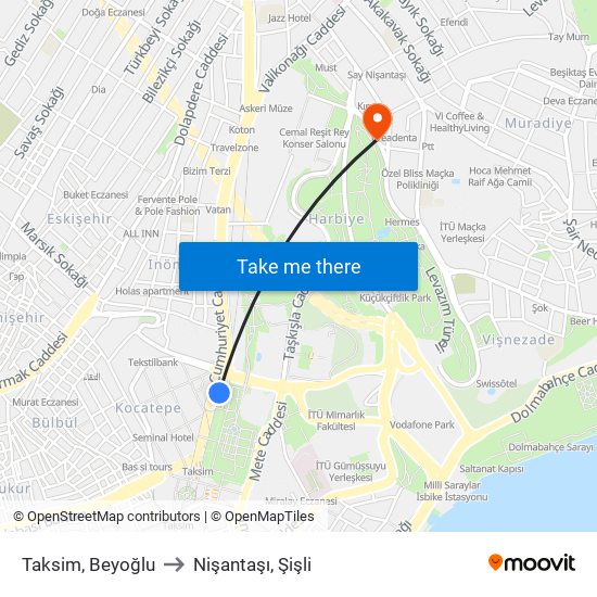 Taksim, Beyoğlu to Nişantaşı, Şişli map