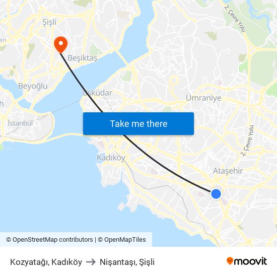 Kozyatağı, Kadıköy to Nişantaşı, Şişli map