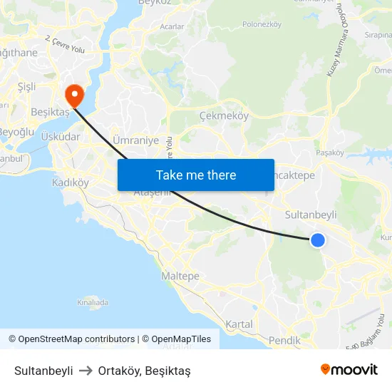 Sultanbeyli to Ortaköy, Beşiktaş map