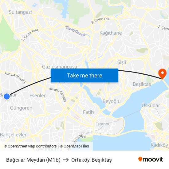 Bağcılar Meydan (M1b) to Ortaköy, Beşiktaş map