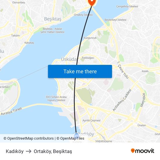 Kadıköy to Ortaköy, Beşiktaş map