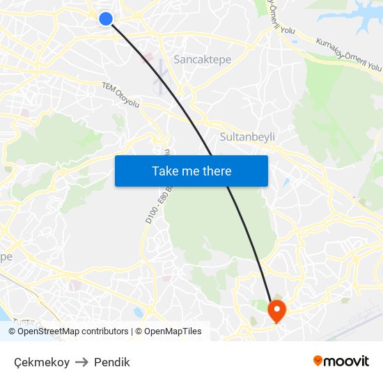 Çekmekoy to Pendik map