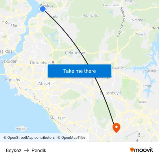 Beykoz to Pendik map