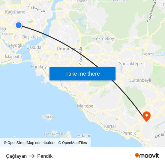 Çağlayan to Pendik map