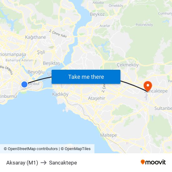 Aksaray (M1) to Sancaktepe map