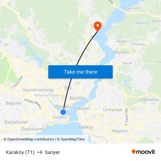 Karaköy (T1) to Sariyer map