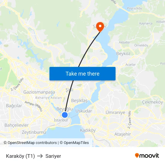 Karaköy (T1) to Sariyer map