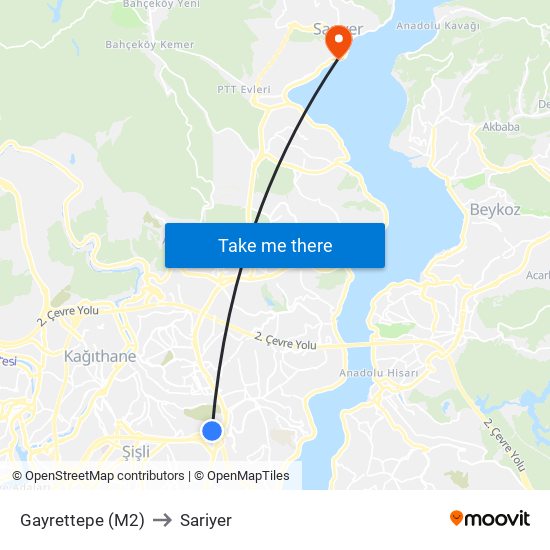 Gayrettepe (M2) to Sariyer map