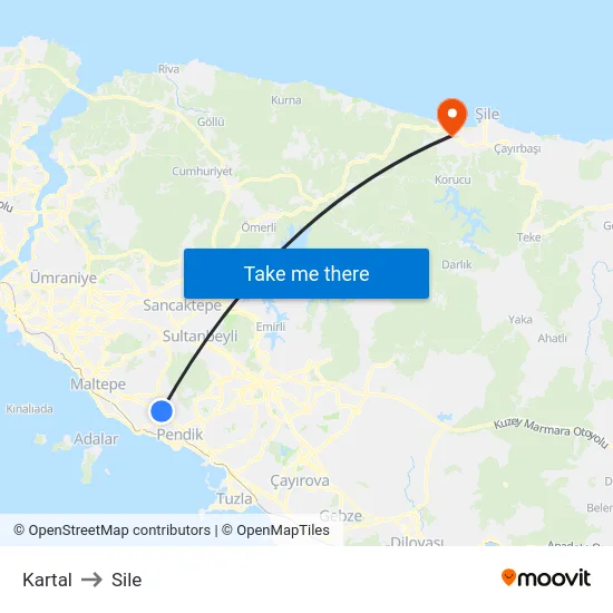 Kartal to Sile map