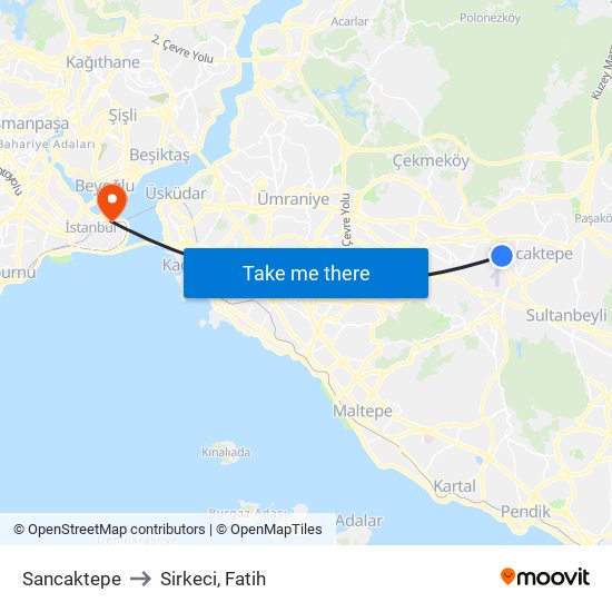 Sancaktepe to Sirkeci, Fatih map
