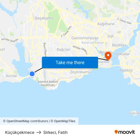 Küçükçekmece to Sirkeci, Fatih map