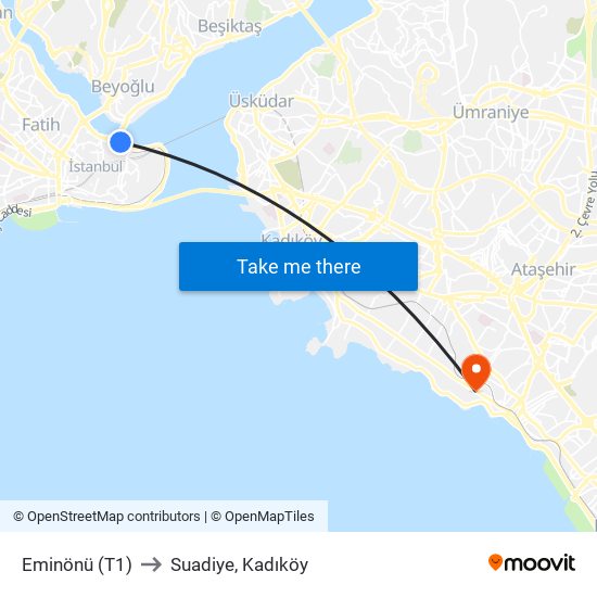 Eminönü (T1) to Suadiye, Kadıköy map