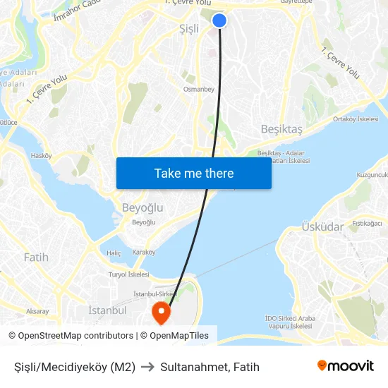 Şişli/Mecidiyeköy (M2) to Sultanahmet, Fatih map