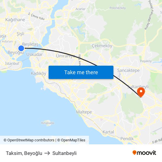 Taksim, Beyoğlu to Sultanbeyli map
